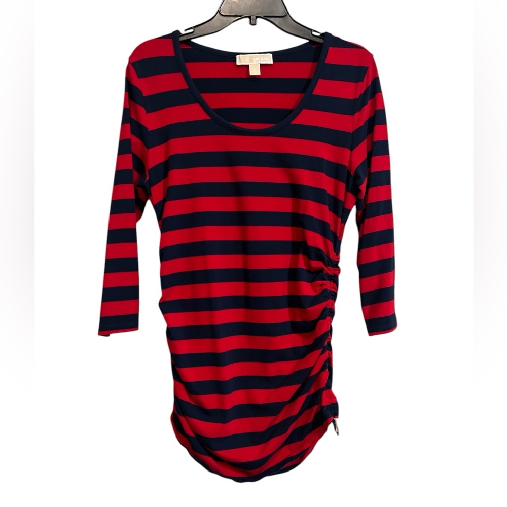 Michael Kors Red & Blue Striped Women's Top with Adjustable Ruched Sides Large